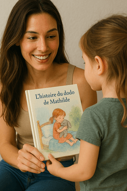 Maman et enfant avec un livre personnalisé